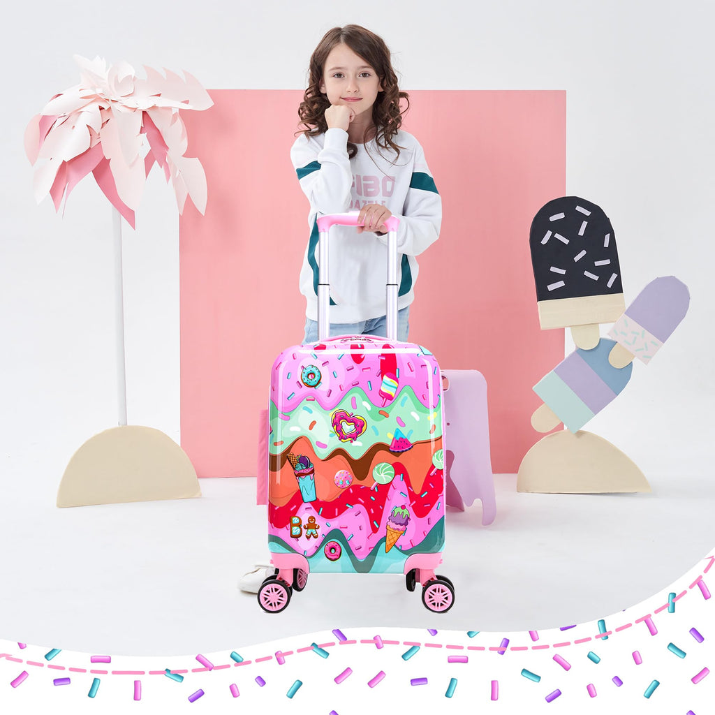 Inprof Cute Kid’s Luggage Set 2 Piece Suitcase Set 16’’ Hardside Luggage with Spinner Wheels Girls Carry on Toddler Travel Rolling Suitcase Carry on Luggage Airline Approved