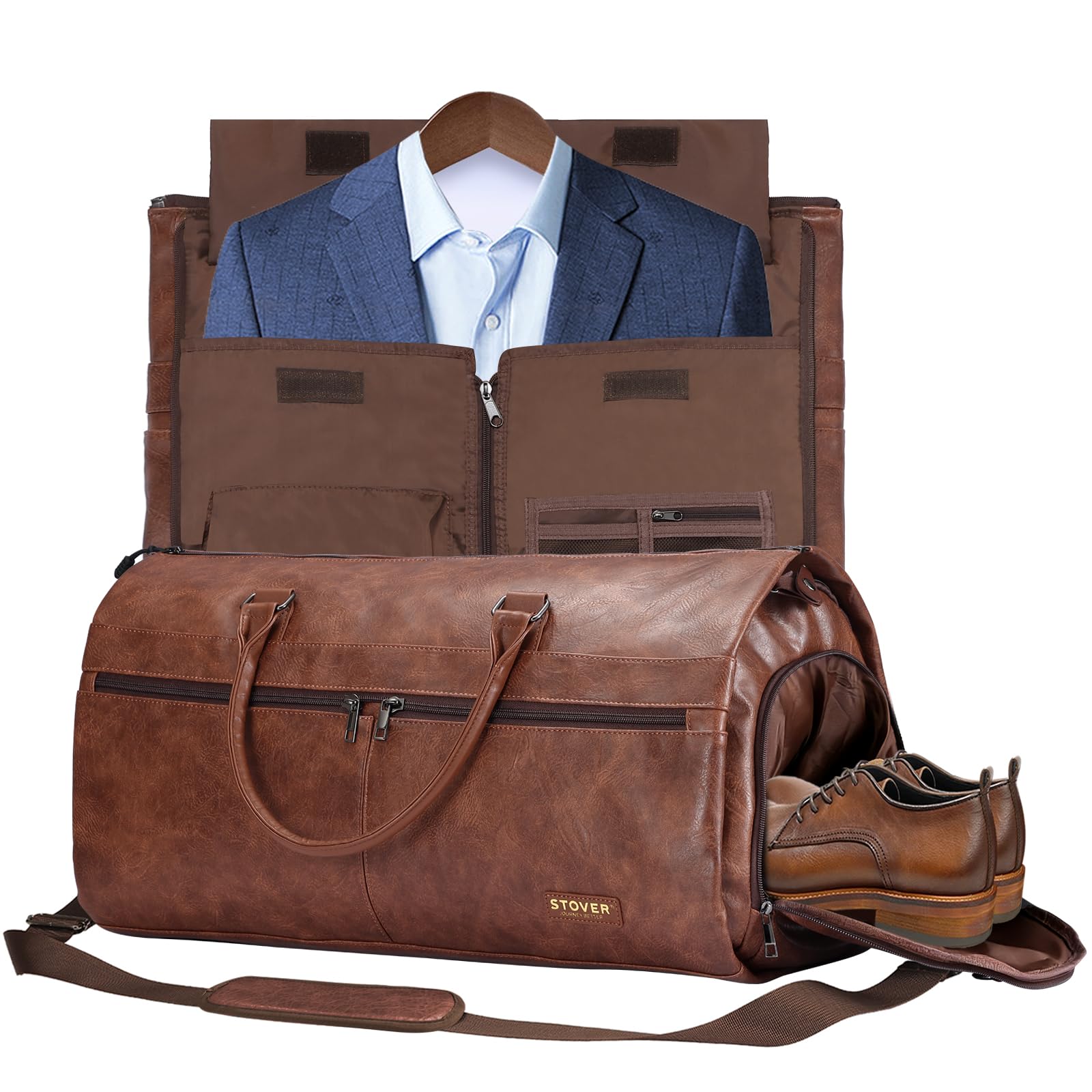 STOVER Garment Travel Duffle Bag, Large 2-in-1 Convertible Carry-on Luggage for Men & Women- Hanging Suits, Dresses & Clothes + Shoe Compartment- Weekender Tote Combo Duffel (Brown Leatherette)