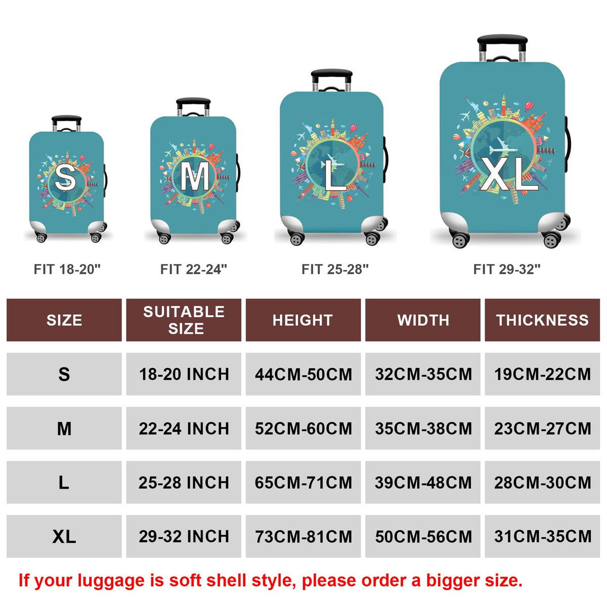 WUJIAONIAO Travel Luggage Cover Baggage Suitcase Cover Protector Skins 18-32 Inch (A15 Go Travel, M (for 22-24 inch luggage))