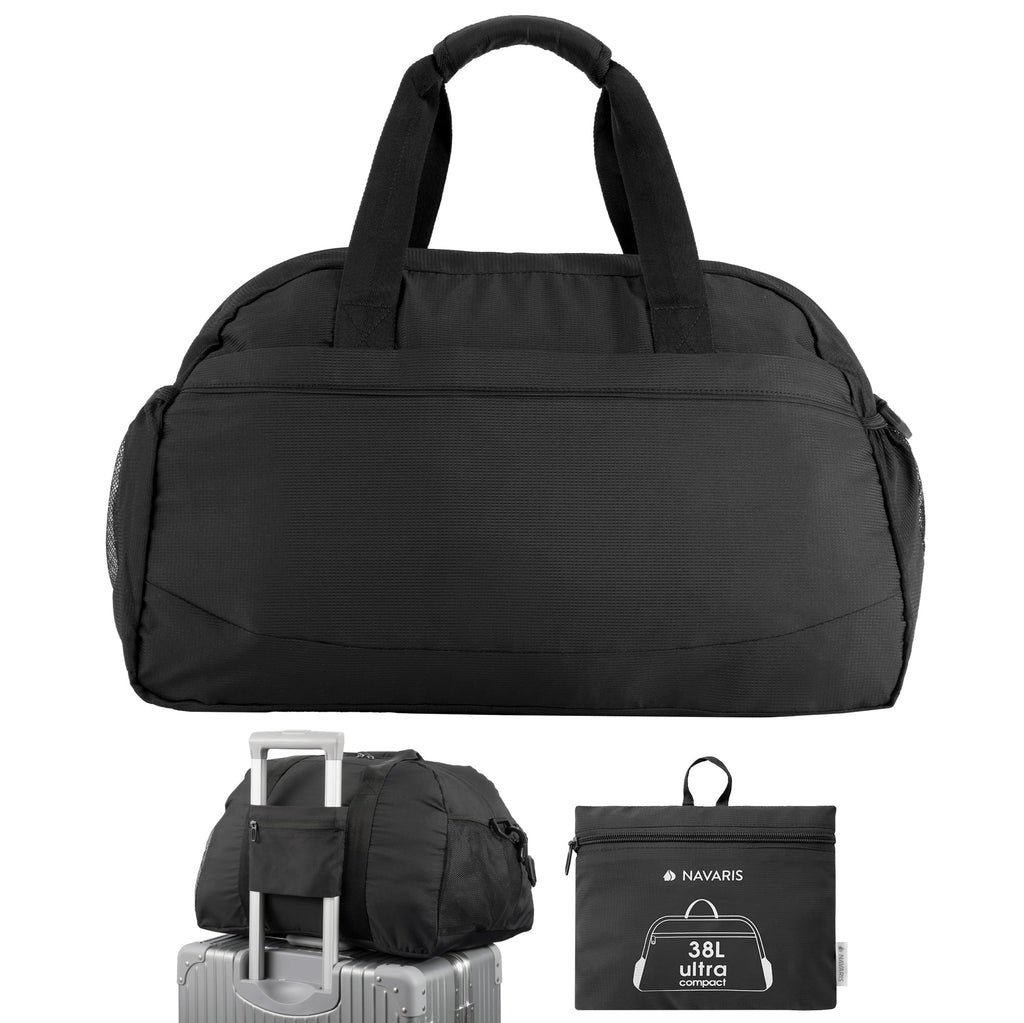 Navaris Travel Bag - Weekend Foldable Holdall - Airline Cabin & Underseat Luggage - Durable & Lightweight - Large Duffle Bags with Pockets & Adjustable Strap - 38L Capacity, Black