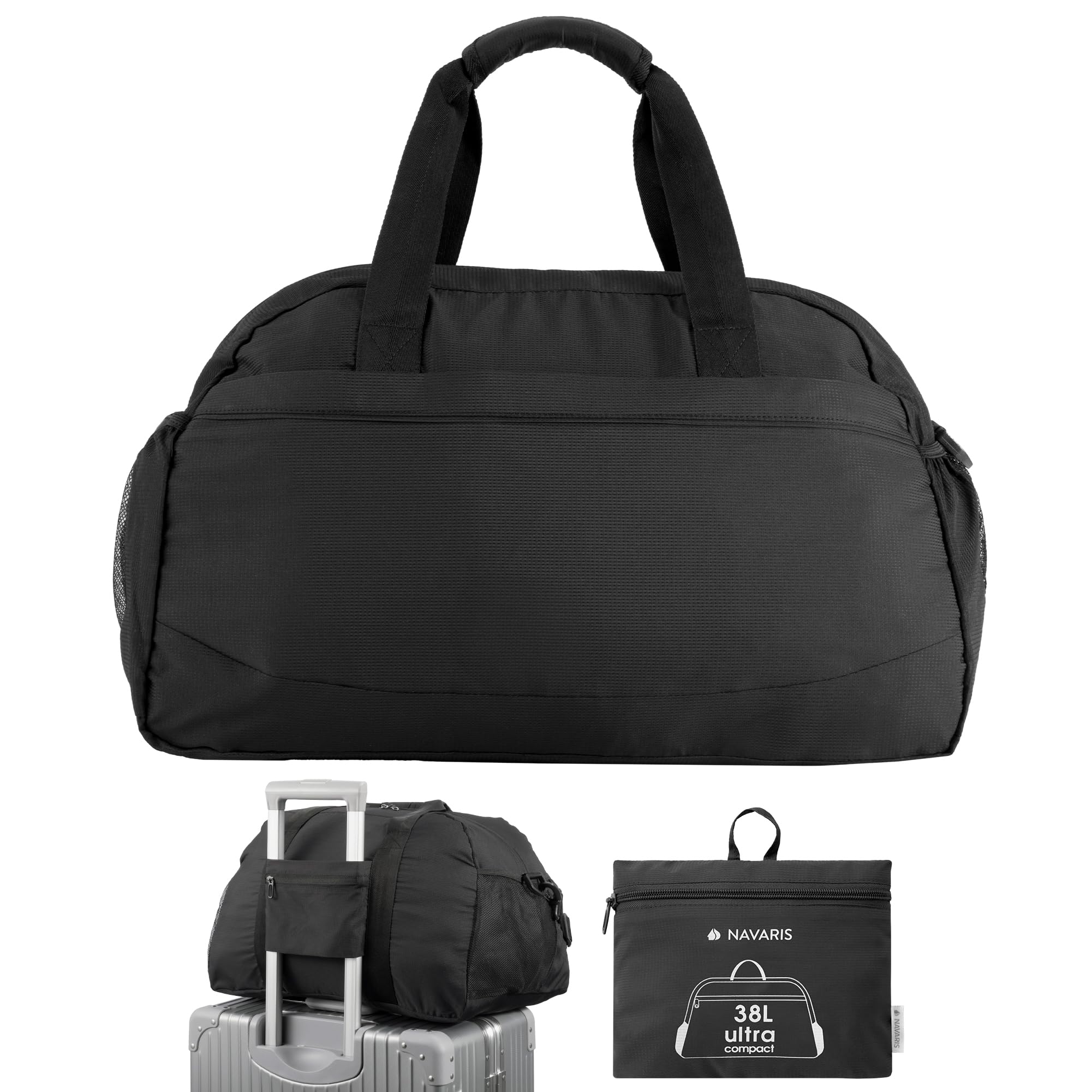 Navaris Travel Bag - Weekend Foldable Holdall - Airline Cabin & Underseat Luggage - Durable & Lightweight - Large Duffle Bags with Pockets & Adjustable Strap - 38L Capacity, Black