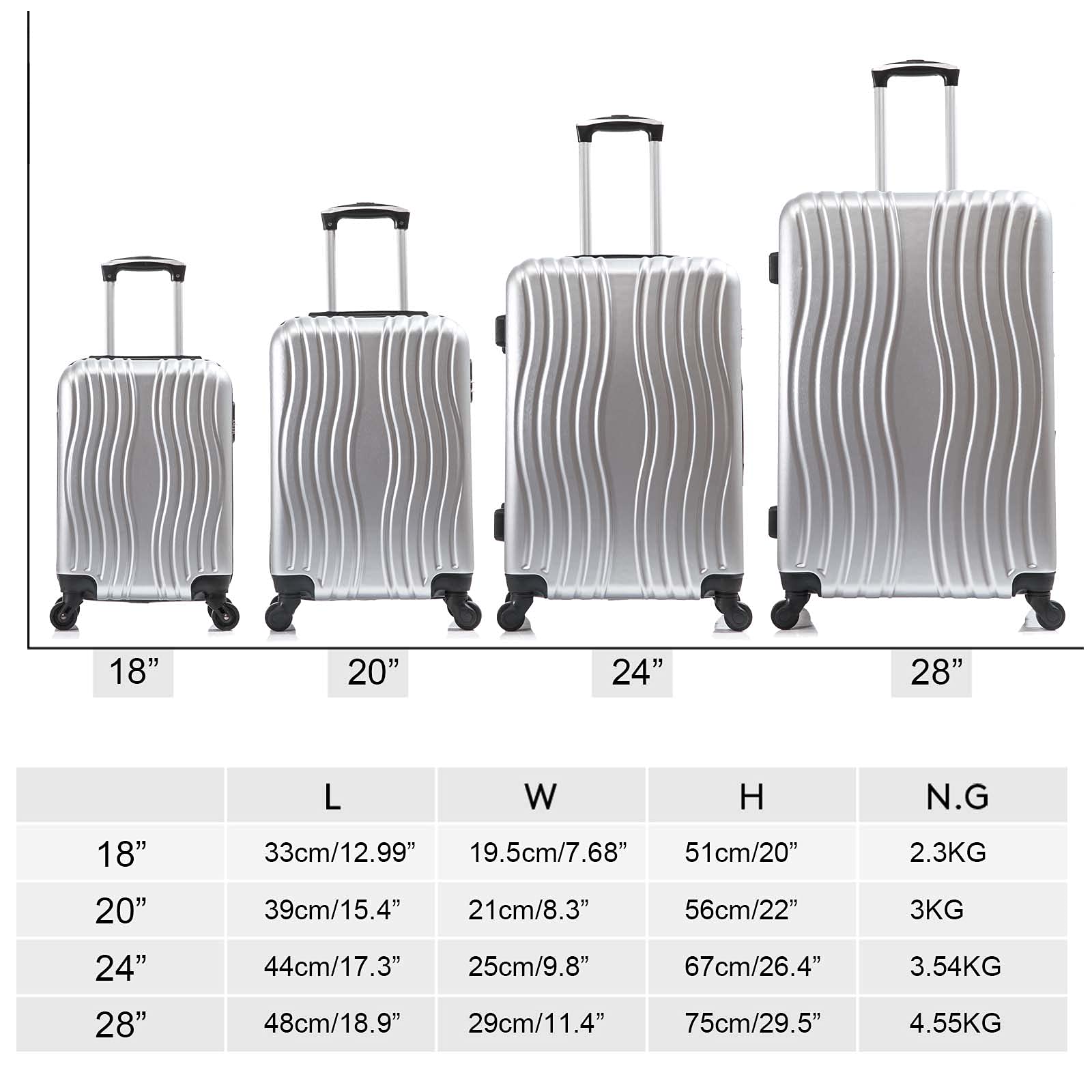 Apelila 4 Piece Luggage Sets for Travel, Hardshell Suitcase with Spinner Wheels (18/20/24/28 Inch), Lightweight Carry On & Checked Luggage for Family Vacation (Sliver-Wave)