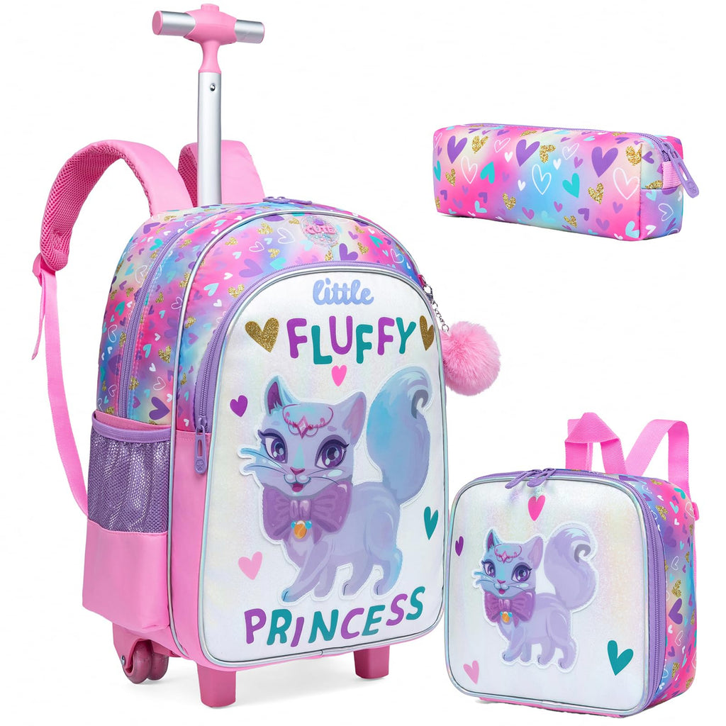Meetbelify Cute Cat Rolling Backpack for Girls Backpacks with Wheels for Elementary Preschool Students with Lunch Box Pencil Case for Girls Age 8-10