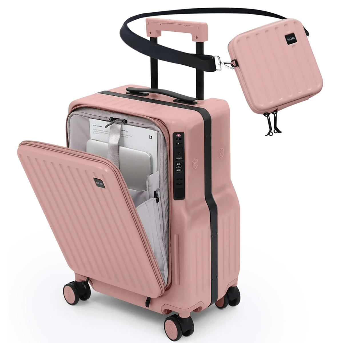 NOBL Duo Carry Carry-On Luggage with Detachable Side Bag, 22.1x14.6x10.5 Airline Approved, Noble Zipperless PC Hard Shell Suitcase & Crossbody, 360° Spinner Wheels, TSA Locks, USB Port - Blush