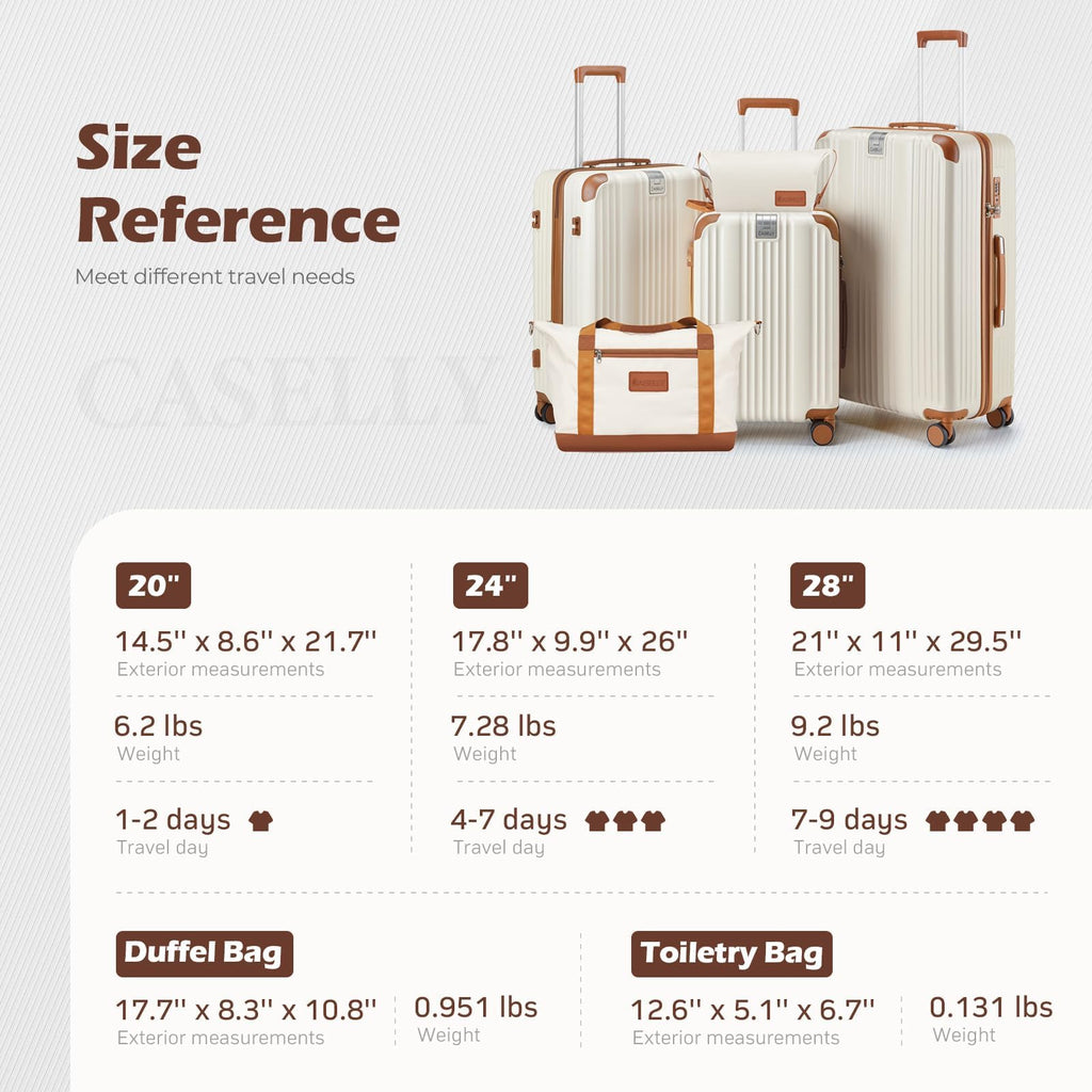 CASELLY Luggage Set 3 Piece with Cup Holder,Hardshell TSA Lock Spinner Wheels Carry on Lightweight Suitcase，Hook and YKK Zippers for Valentine Gifts(Beige, 5 piece sets(20/24/28/DB/TB))
