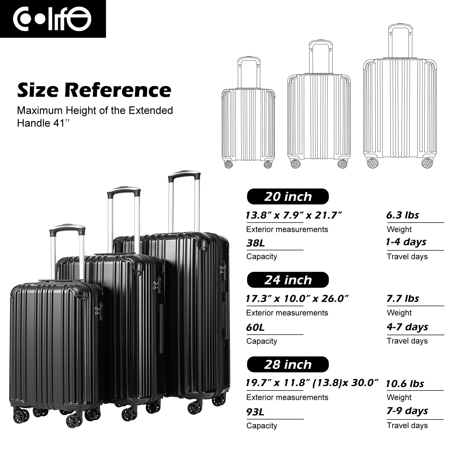 COOLIFE Luggage Expandable Suitcase PC+ABS 3 Piece Set with TSA Lock Spinner Carry on 20in24in28in (Sliver, 3 piece set)