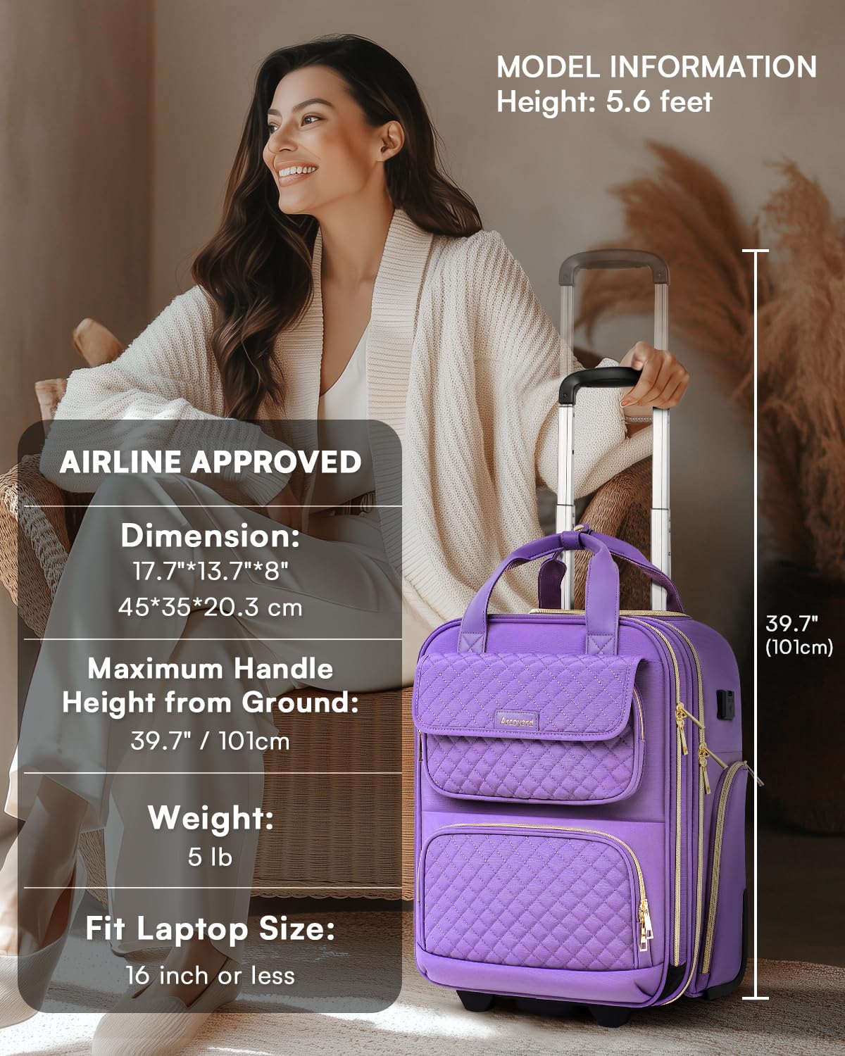 Underseat Carry On Luggage with Wheels, Airline Approved Personal Item Luggage, 16-Inch Multi-functional Underseat Luggage, Lightweight Overnight Suitcase for Women, Bussiness, Travel, Purple