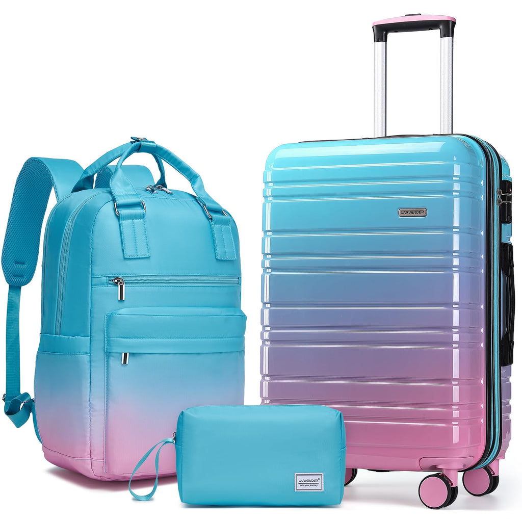 LARVENDER Carry on Luggage 22x14x9 Airline Approved Hardshell Suitcase with Wheels TSA Lock, PC+ABS Lightweight Suitcase Set for Women with Travel Backpack, Cotton Candy, 3 Piece Set