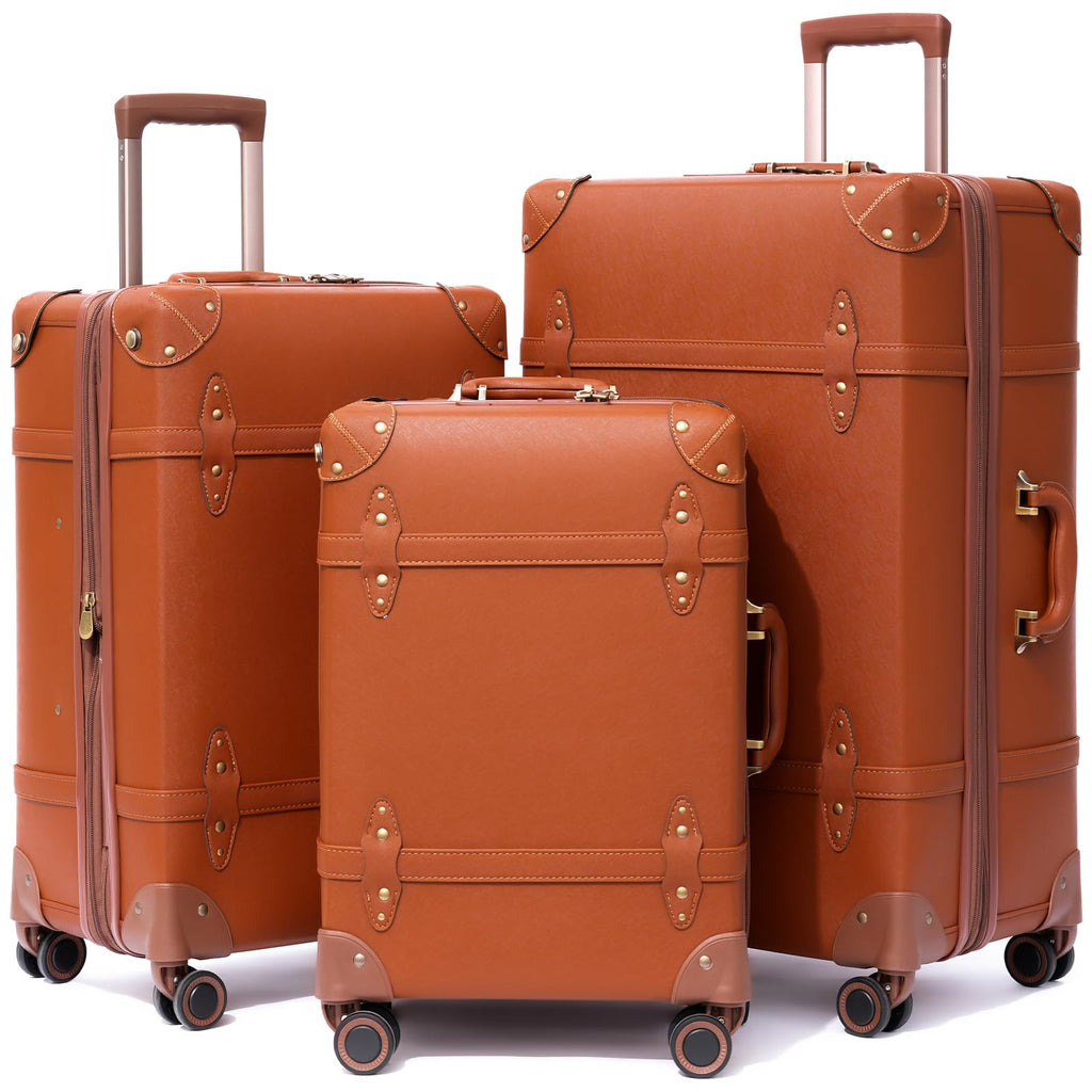 NZBZ Vintage Luggage Sets for Women Retro Suitcase Cute Vintage Expandable Luggage of 3 (Rust Orange, 20inch & 24inch & 28inch)