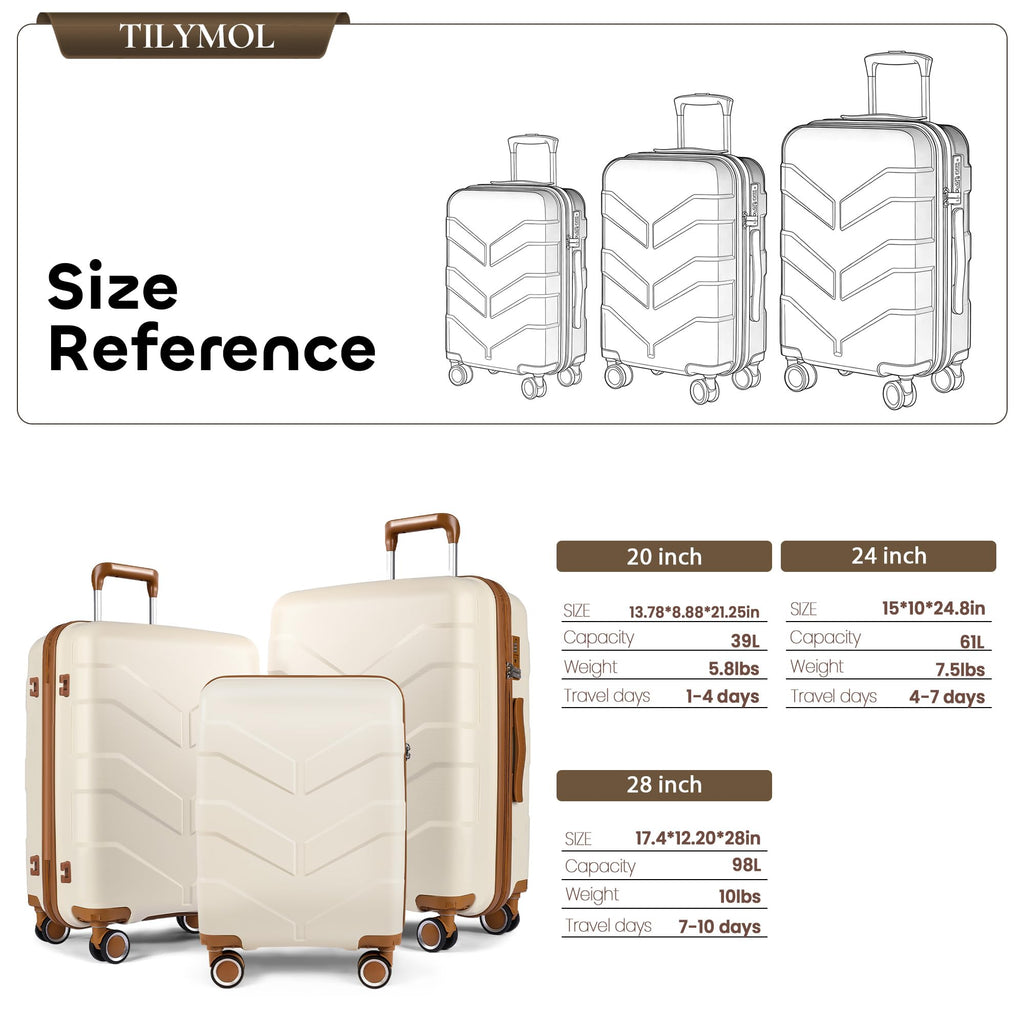 TILYMOL Luggage Sets 3 Piece with Spinner Wheel, Hardside Suitcase Set with TSA Lock, Expandable Lightweight Travel Luggage for Men and Women, White