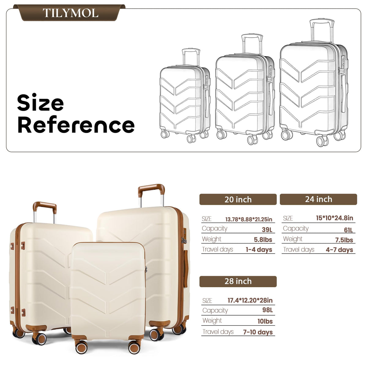 TILYMOL Luggage Sets 3 Piece with Spinner Wheel, Hardside Suitcase Set with TSA Lock, Expandable Lightweight Travel Luggage for Men and Women, White