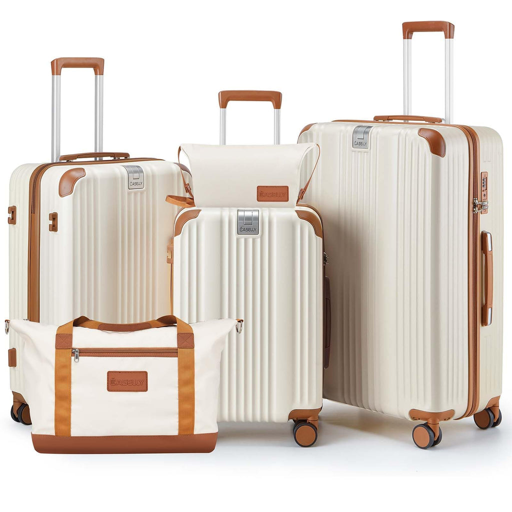 CASELLY Luggage Set 3 Piece with Cup Holder,Hardshell TSA Lock Spinner Wheels Carry on Lightweight Suitcase，Hook and YKK Zippers for Valentine Gifts(Beige, 5 piece sets(20/24/28/DB/TB))