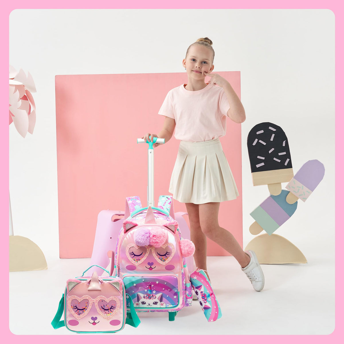 Meetbelify Kids Unicorn Rolling Backpack with Wheels for Girls Elementary Students Kids Travel Luggage Carry on School Backpack for Girls Ages 6-8
