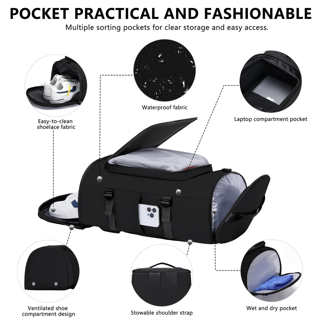 Gym Bag for Men Women with Shoes Compartment - Duffle Bag, Travel Backpack, Sports Backpack, Weekender Overnight Bag with Wet Pocket - Black, MIYCOO