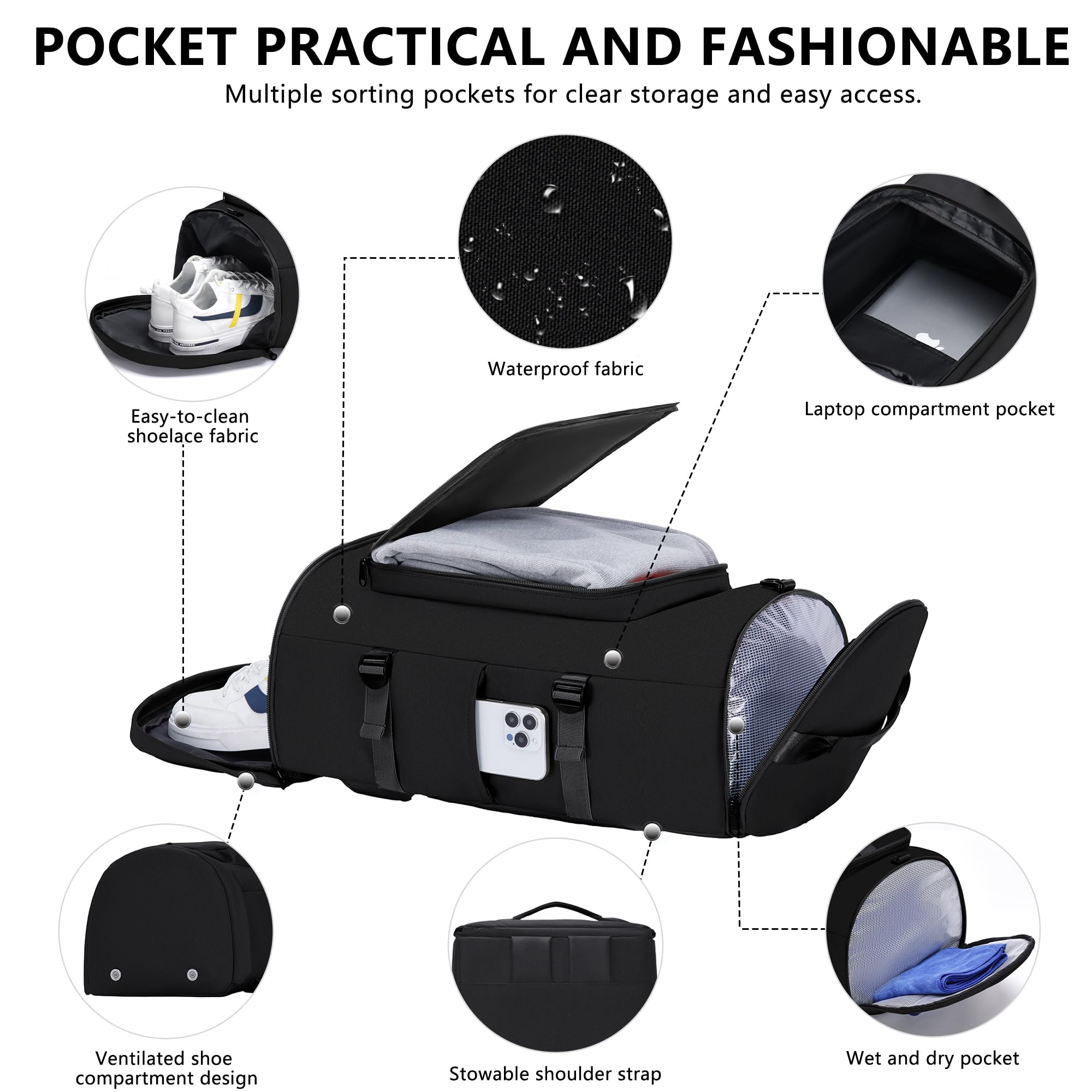 Gym Bag for Men Women with Shoes Compartment - Duffle Bag, Travel Backpack, Sports Backpack, Weekender Overnight Bag with Wet Pocket - Black, MIYCOO