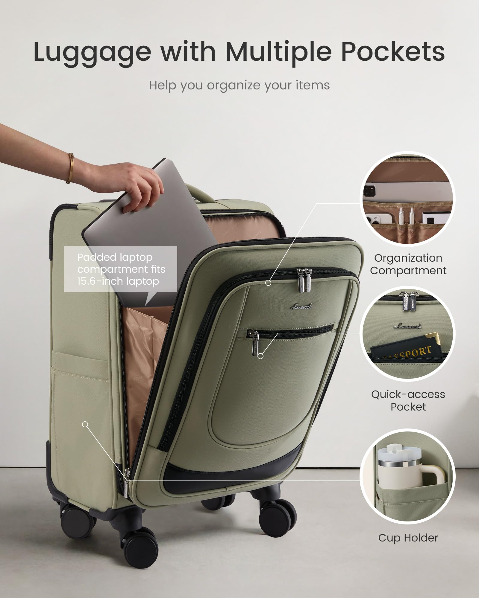 LOVEVOOK Carry On Luggage 22x14x9 Airline Approved, Softside Suitcase with Spinner Wheels for Men Women, 22 Inch Rolling Luggage with TSA Lock Multiple Compartments for Travel Business Trip