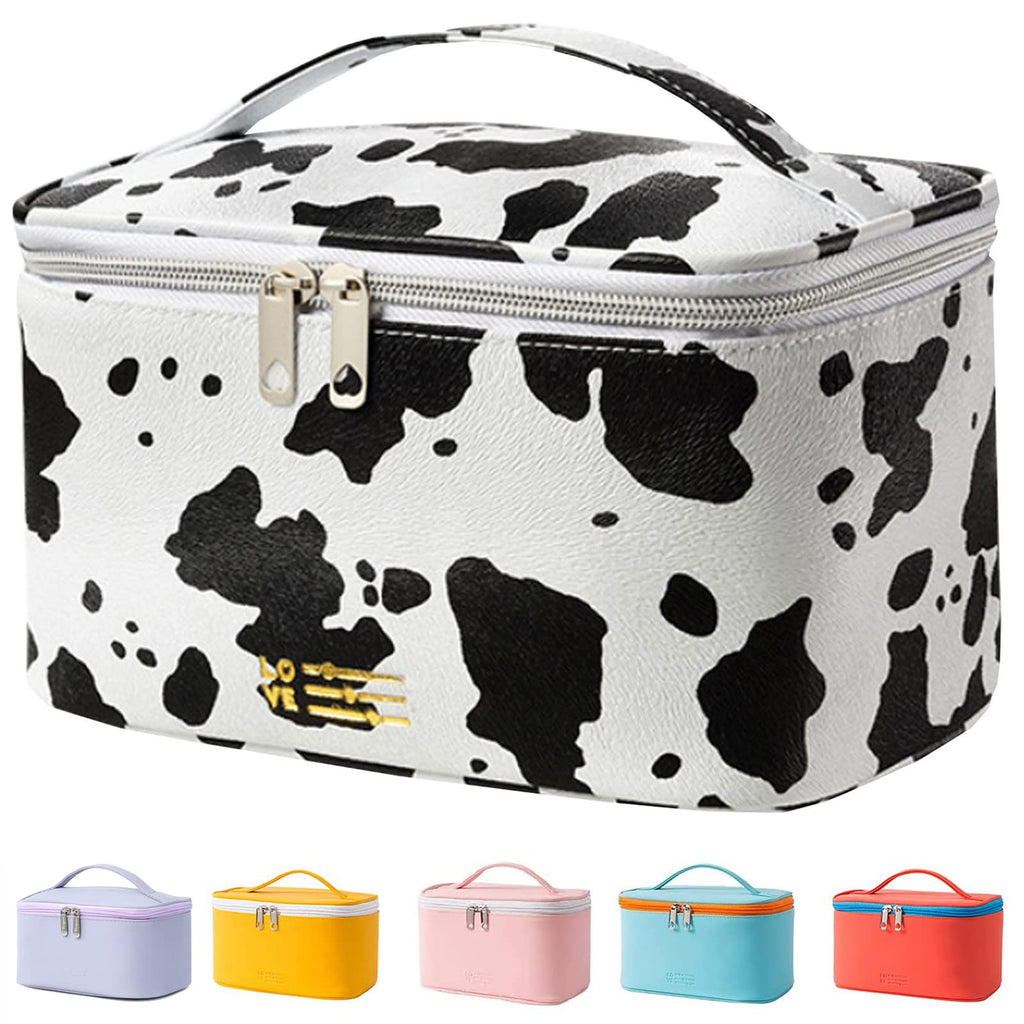 KITENROM Makeup Bag Portable Travel Cosmetic Bag with Brush Holder，Waterproof Make Up Bag For Women with Handle Print Cow