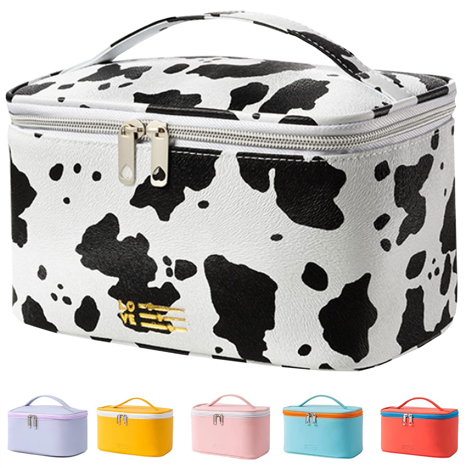 KITENROM Makeup Bag Portable Travel Cosmetic Bag with Brush Holder，Waterproof Make Up Bag For Women with Handle Print Cow