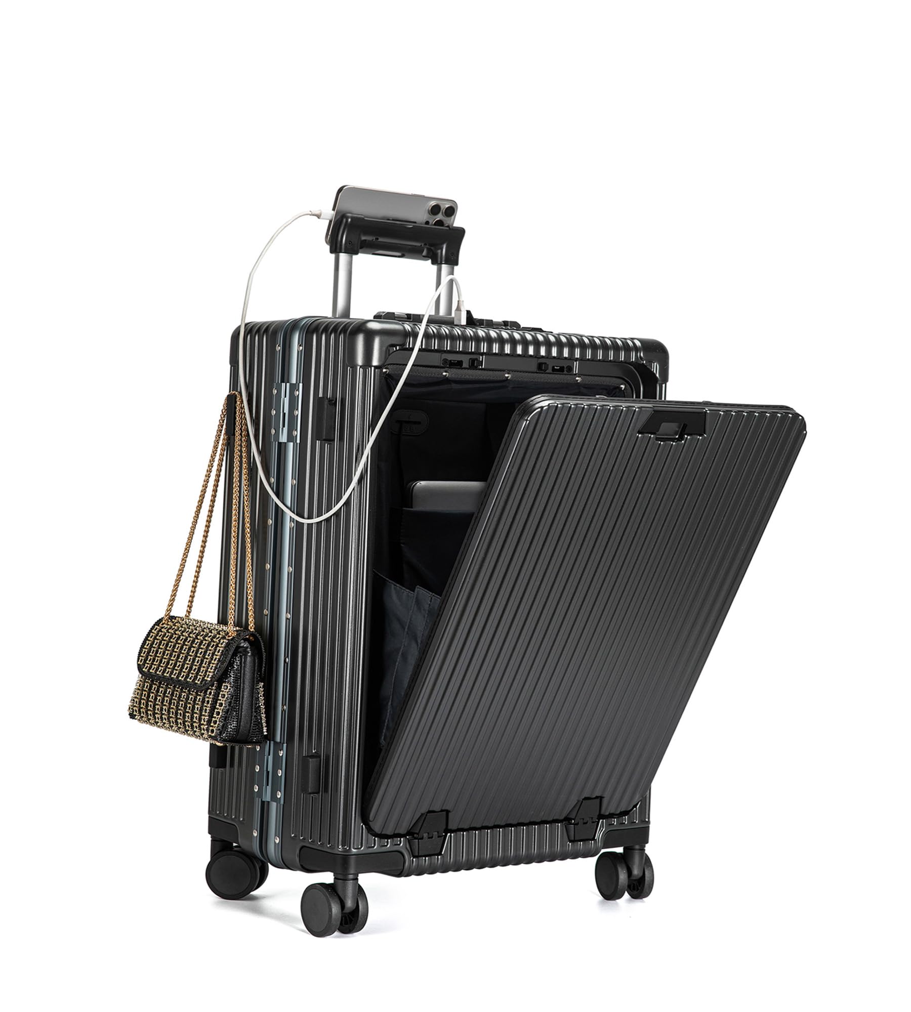 feilario Aluminium Frame PC Hard Shell Spinner Wheels Luggage,20.8"X15"X8.7 Airline Approved Built-In TSA lock Carry on Suitcase, with Cup Holder, USB Port, Phone Holder
