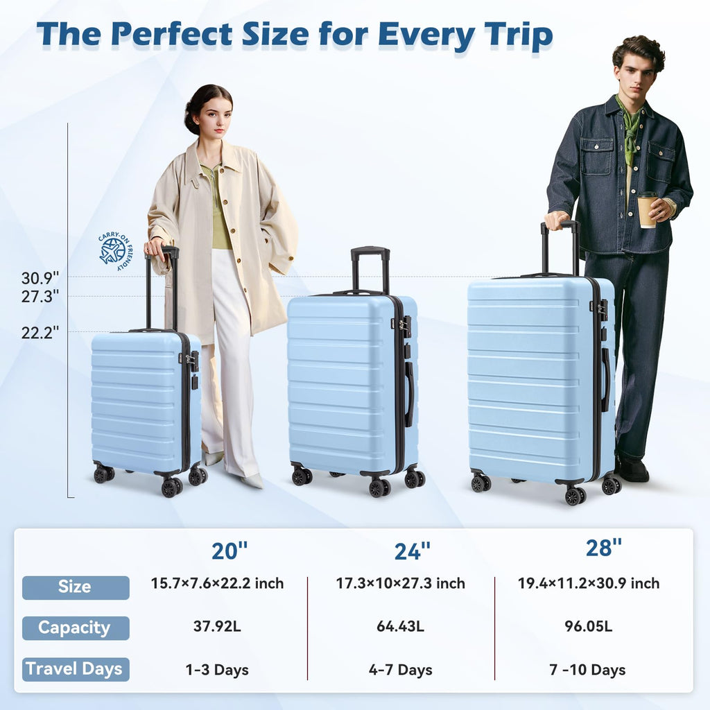 AnyZip Carry On Luggage 21" Hardside PC ABS Lightweight USB Suitcase with Wheels TSA Lock for kids Light Blue