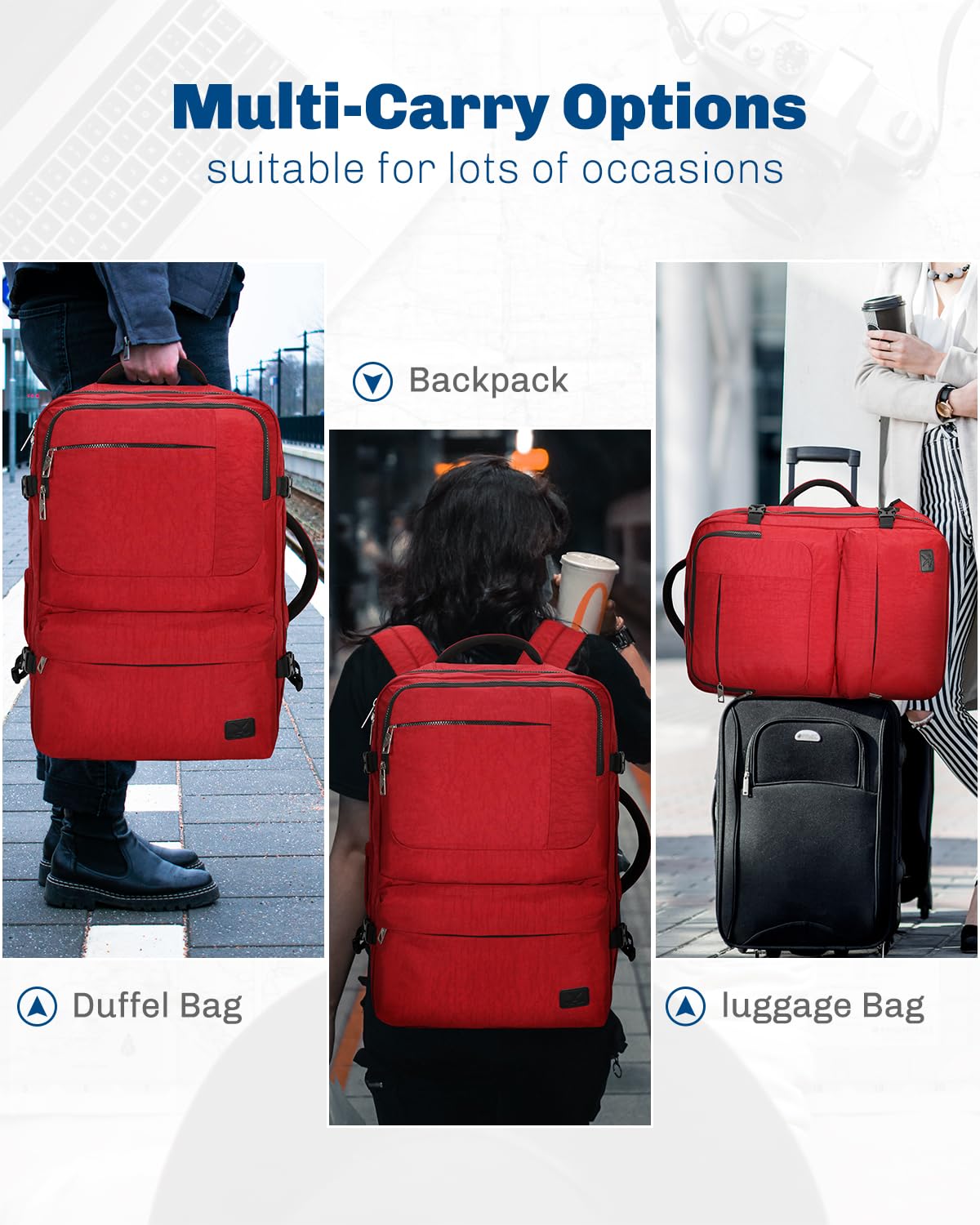 Hynes Eagle 44L Carry on Backpack Airline Approved Travel Backpack for Men Women Large Laptop Backpack 17 inch Nylon Backpack Overnight Weekender Bag Red