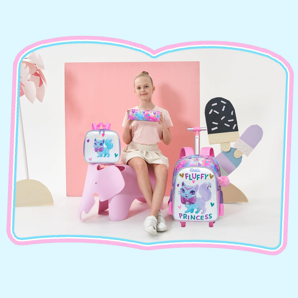Meetbelify Cute Cat Rolling Backpack for Girls Backpacks with Wheels for Elementary Preschool Students with Lunch Box Pencil Case for Girls Age 8-10