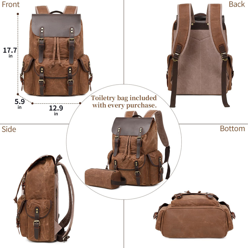 Yamons Genuine Leather Backpack for Men, Waxed Canvas Backpack Shoulder Rucksack with Toiletry Vintage Backpack for Travel,Camping, Hiking(Coffee)