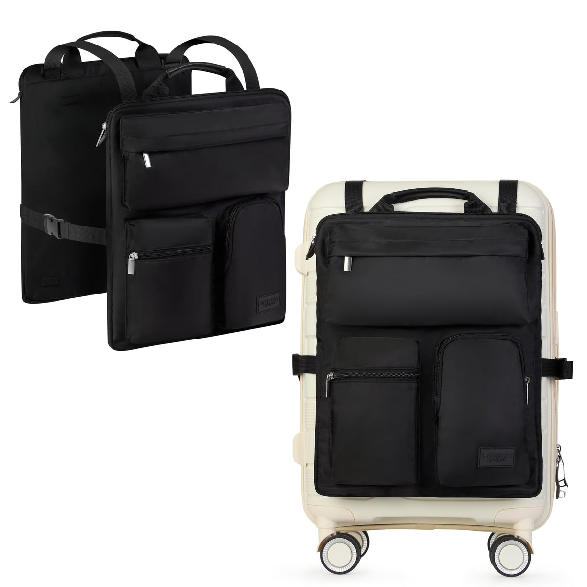 BAREFOOT CARIBOU Over Luggage Organizer for Carry On Bag or Suitcase with Storage Pockets, 16” Laptop Sleeve with Handle, Travel Accessories Bag Slide On Luggage Harness with Adjustable Straps (Black)