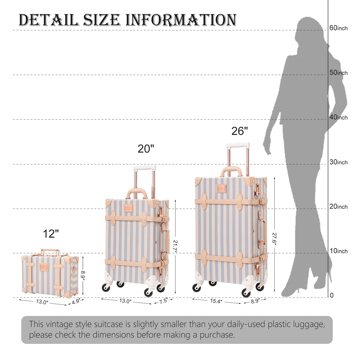 UNIWALKER Vintage Luggage Set of 3, Retro Spinner Trunk with Combo Lock for Women, Cute Designer Travel Suitcase Set with Train Case (26"+20"+12",blue strip)