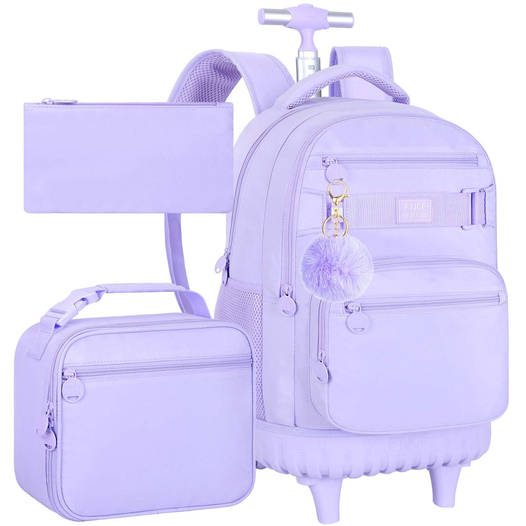 TXHVO 3Pcs Rolling Backpack for Girls Women, 19 Inche School Roller Backpacks with Wheels, Adults Wheeled Bookbag with Lunch Box(Purple)