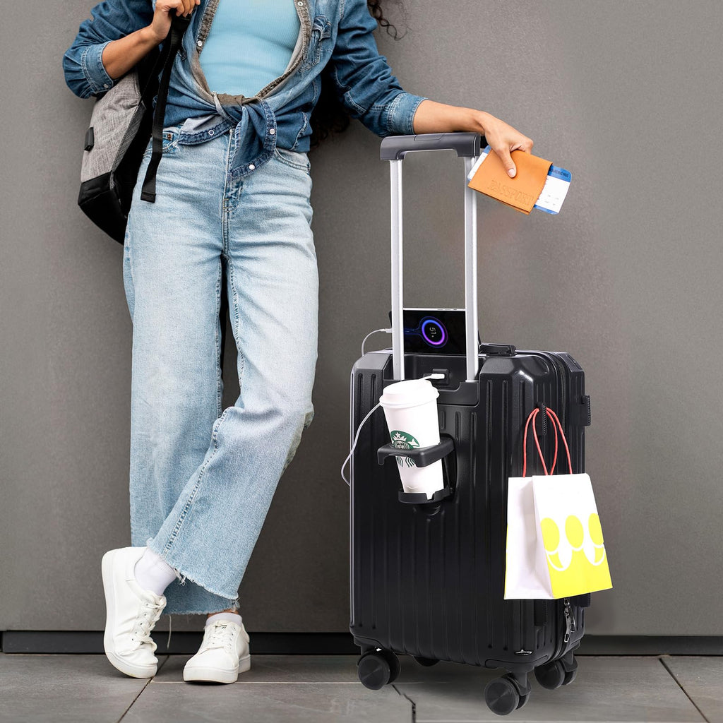 YANQIAO Carry-on Luggage with Cup Holder & USB Charging Port, Hard Side Luggage with Spinner Wheels, Lightweight Luggage for Travel, Business (Black, Carry-On 20-Inch)