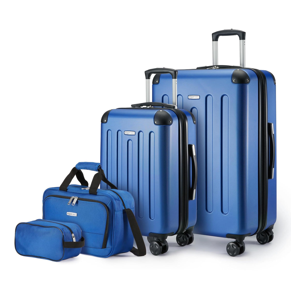 Amazon Basics 4-Piece Hardside Luggage Set with Multidirectional Spinner Wheels, 22" Carry-On, 28" Checked Suitcase, 15" Tote Bag and 10" Travel Case, Navy Blue