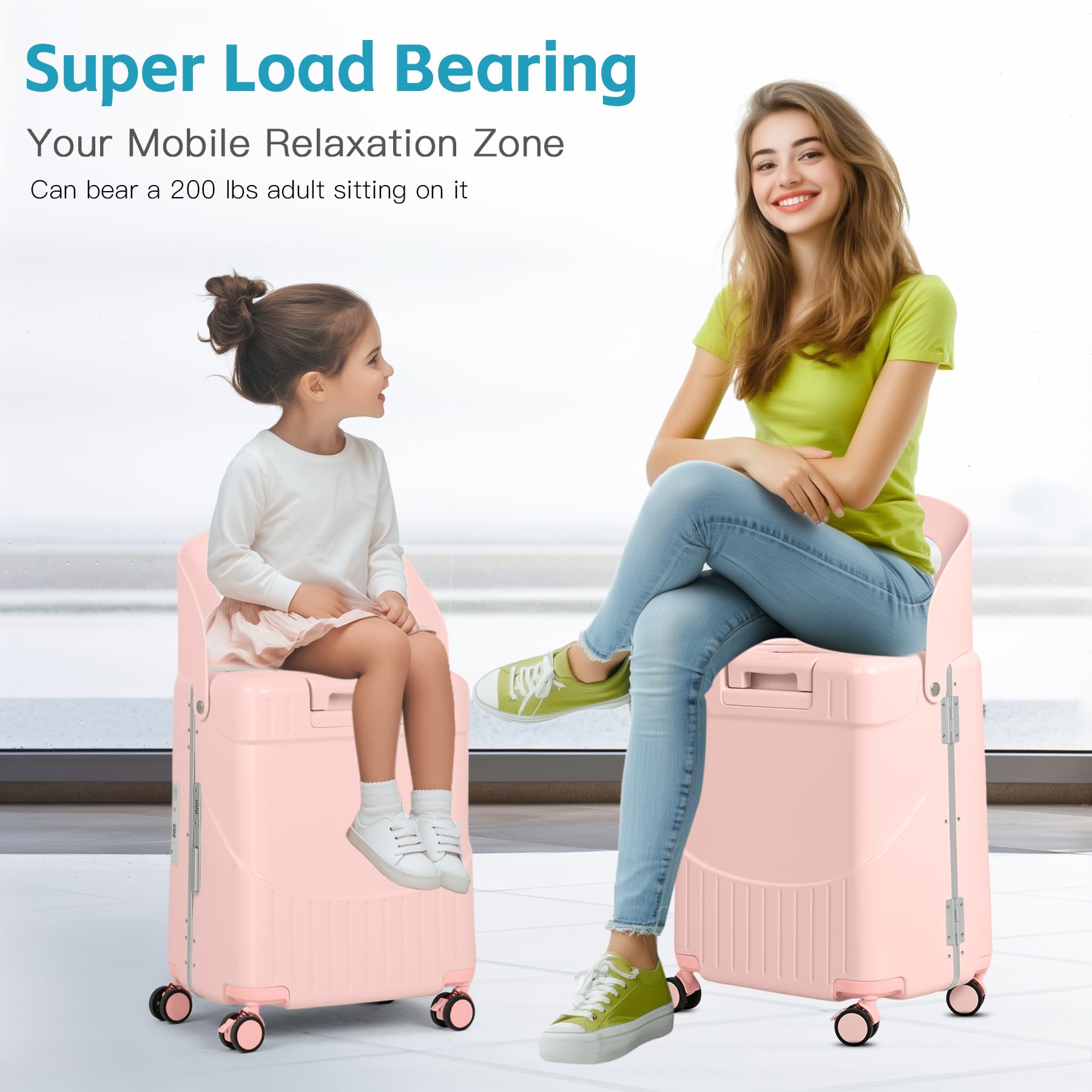 advwin 20" Carry-On Luggage with Seat for Kids & Adults, Lightweight Hardside Ride-On Suitcase with Front Opening, TSA Lock, 360° Spinner Wheels (Pink, 20-inch)
