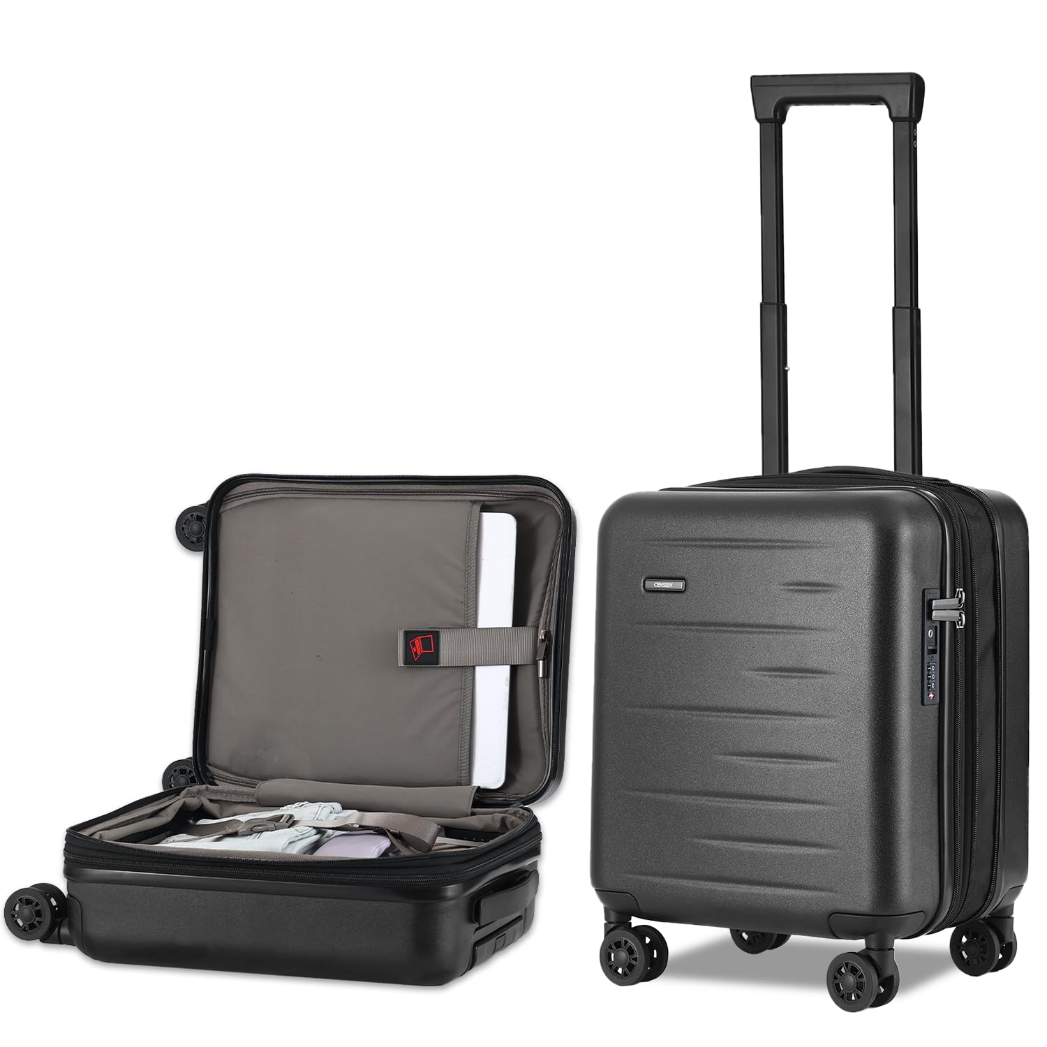 CENSIEN 16 Inch Underseat Carry On Luggage Airline Approved, Expandable Lightweight ABS+PC Hard Shell Suitcases with 360° Spinner Wheels, TSA Lock, YKK Zipper, for Business Weekender (Black, 1 PC)