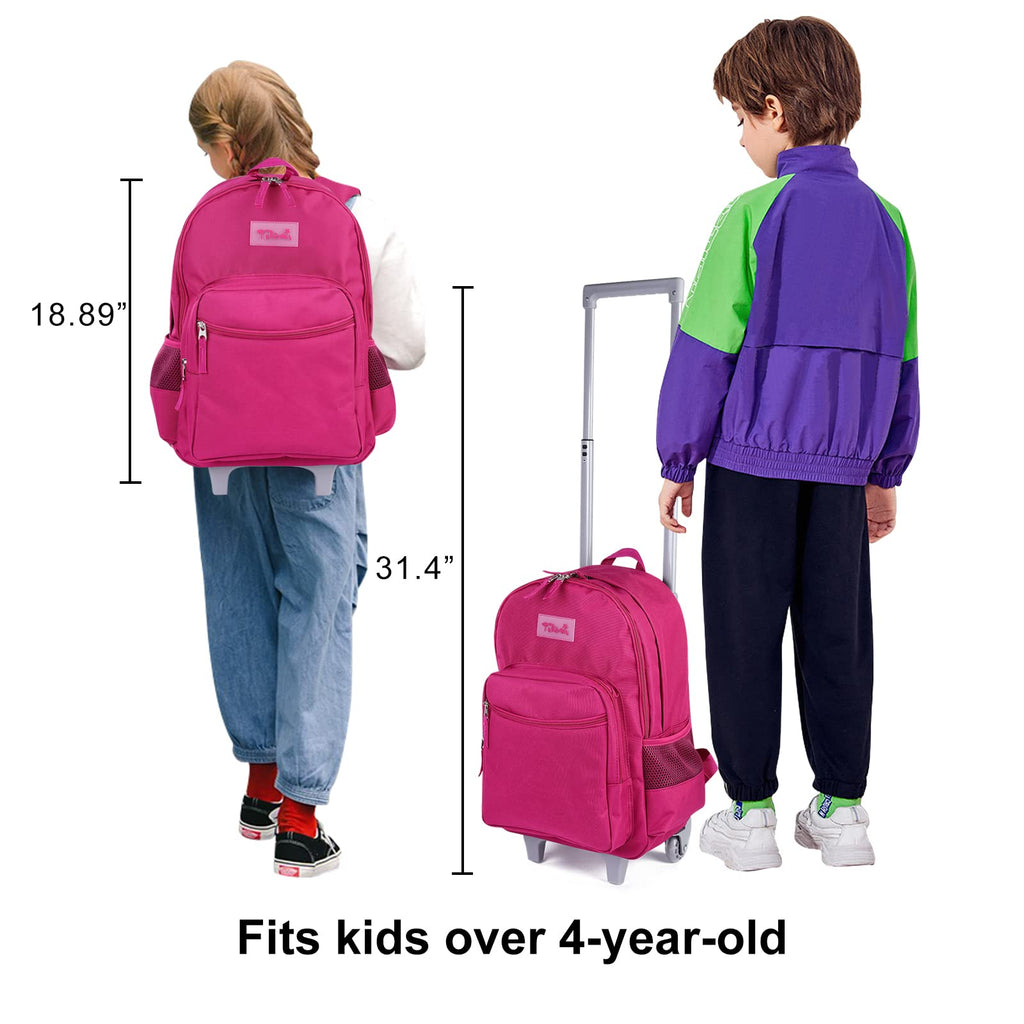 Tilami Rolling Backpack 18 inch Double Handle Wheeled Boys Girls Travel School Children Luggage Toddler Trip, Deep Pink