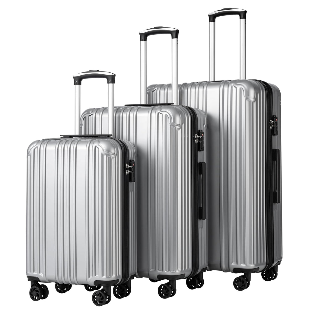 COOLIFE Luggage Expandable Suitcase PC+ABS 3 Piece Set with TSA Lock Spinner Carry on 20in24in28in (Sliver, 3 piece set)
