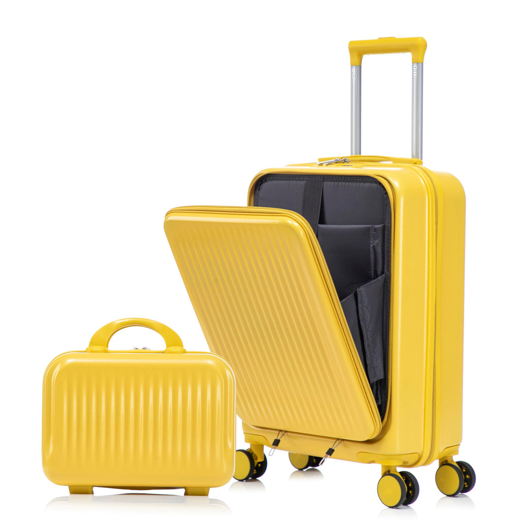 Luccalily 2 Pcs ABS Spinner Luggage Set - 14" Cosmetic Case & 20" Carry-On with Combination Lock, Front Opening Design, Yellow