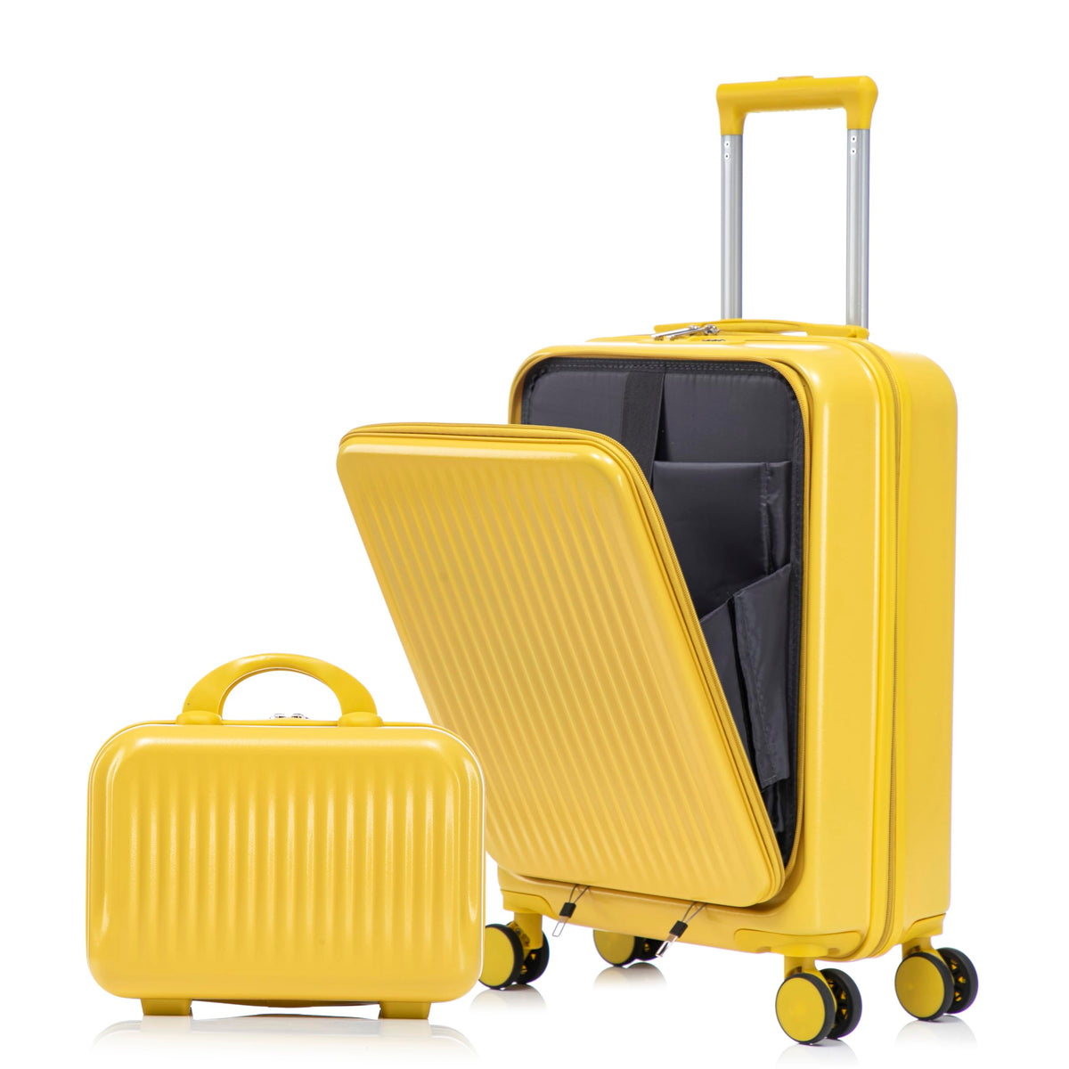 Luccalily 2 Pcs ABS Spinner Luggage Set - 14" Cosmetic Case & 20" Carry-On with Combination Lock, Front Opening Design, Yellow