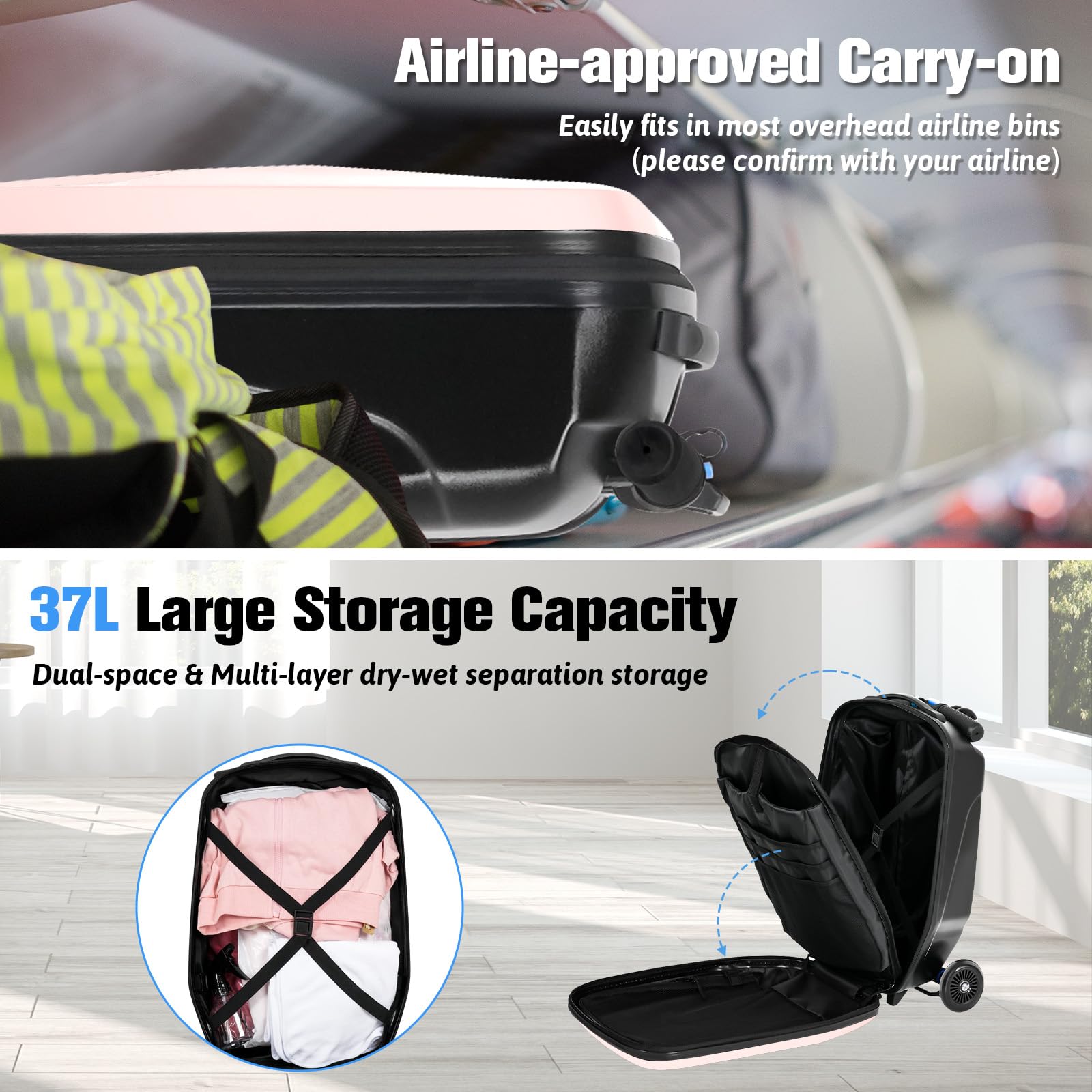 Scooter Luggage For Kids & Adults， Hardside Ride On Suitcase For Kids Ages 4-15 Multifunctional Lightweight Foldable Carry On Luggage With Wheels Ride On For Children Teenagers (Light Pink, 20")
