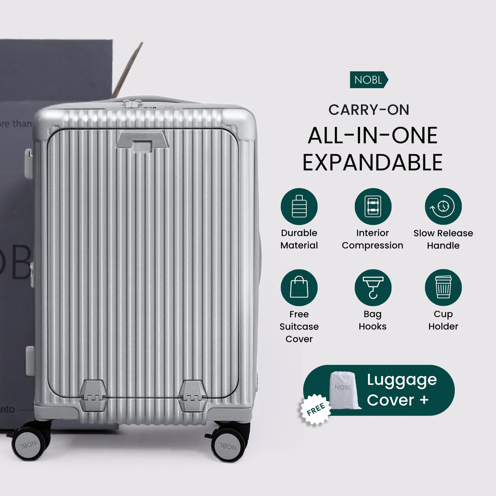 Nobl Travel Carry On Expandable Luggage, Noble Aluminum Frame PC Hard Shell Suitcase, 22.5”x14.2”x9.8” Airline Approved, 360° Spinner Wheels, TSA Locks, USB Charging, Cup & Phone Holder - Silver