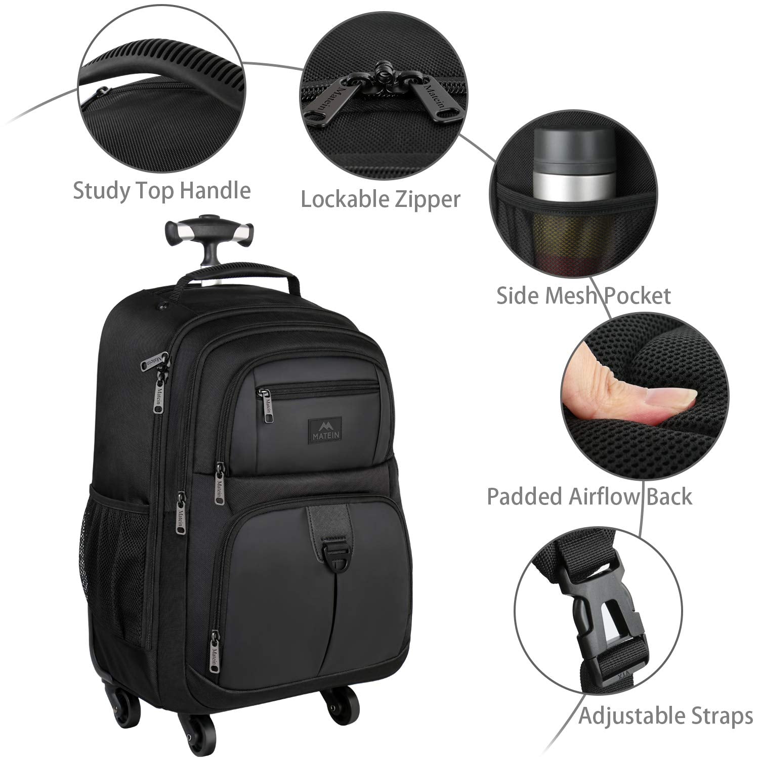 Rolling Backpack for Travel, 4 Wheels Laptop Backpack for Women Men, Water Resistant Business Large Wheeled Backpacks Fits 15.6 Inch Notebook, MATEIN School Luggage Suitcase Bag with Pockets