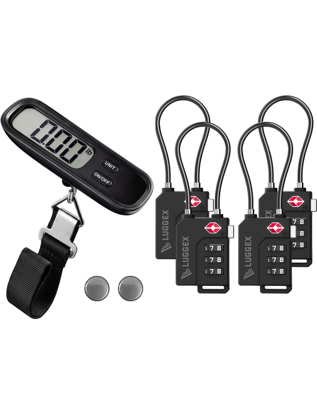 LUGGEX Luggage Scale 1 Pack + TSA Cable Lock Bundle 4 Pack, Travel Essentials Kit (Black)