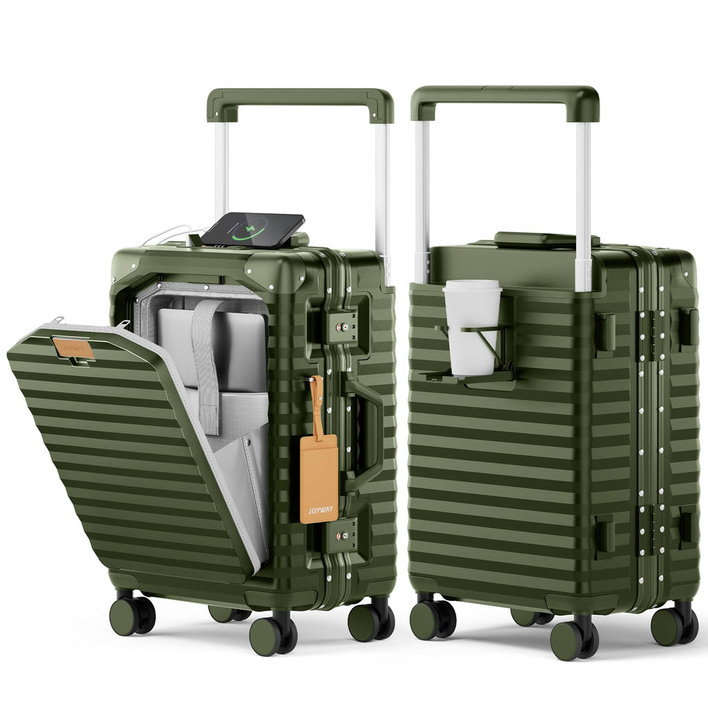 Joyway 20 Inch Carry on Luggage with Aluminium Frame and Front Pocket, PC Hardshell Suitcase with USB Port and Cup Holder, 21.5x14.2x9 Airline Approved Luggage with Spinner Wheel, TSA Lock(Dark Green)