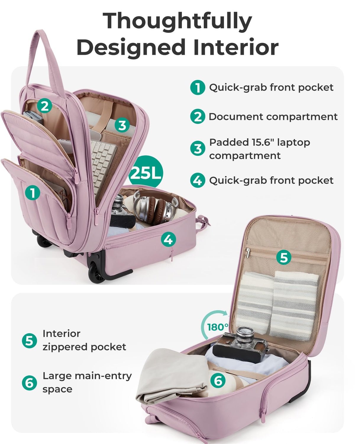 BAGSMART Small Underseat Carry on Luggage with Wheels, 16 inch Small Under Seat Luggage, Lightweight Travel Suitcase for Women, Mist Purple