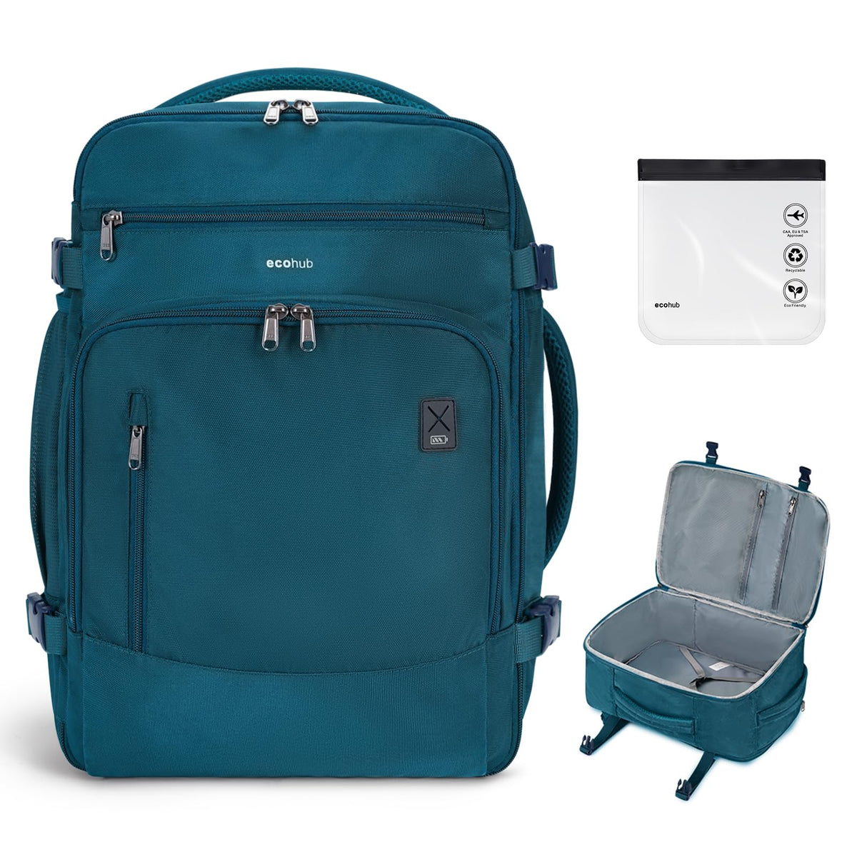 ECOHUB Travel Backpack for Women, 18x14x8 Spirit Airlines Personal Item Bag with Clear Toiletry Bag, Laptop Carry on Backpack with USB Port, Airline Approved Under Seat 14 Pockets, Blue Green