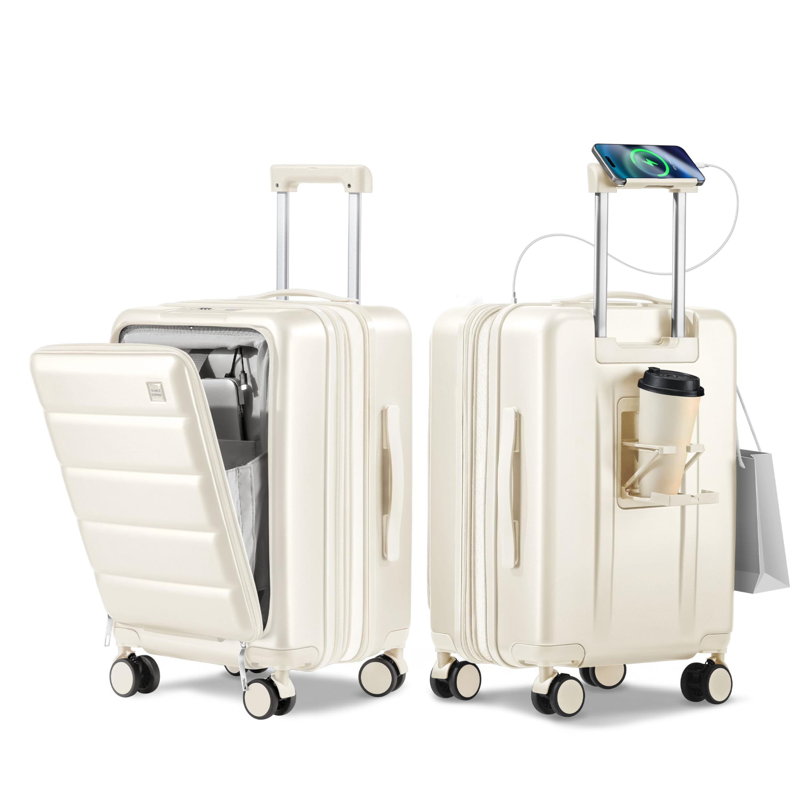 ISLAND ELEPHANT Expandable 20Inch Carry On Luggage Airline Approved - Front Pocket Travel Suitcase 100% PC Unbreakable -with Cup Holder,USB Charge,Side Pothook, 360°Spinner Wheels, TSA Lock-White