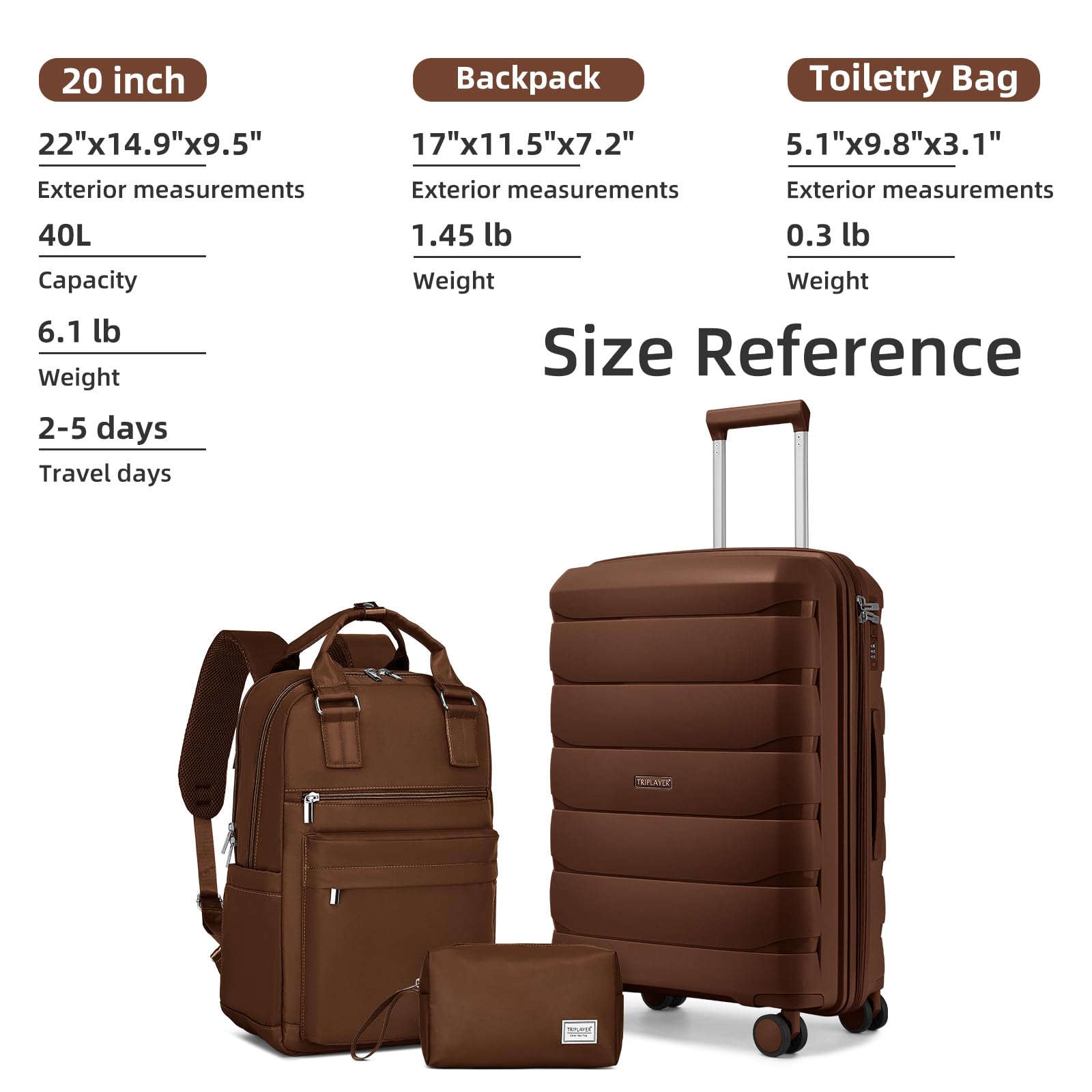 TRIPLAYER Carry On Luggage 22x14x9 Airline Approved, 22 Inch PP Hardshell Luggage Carry-on Suitcase with Spinner Wheels, Carry On Suitcase Set for Women(Mocha