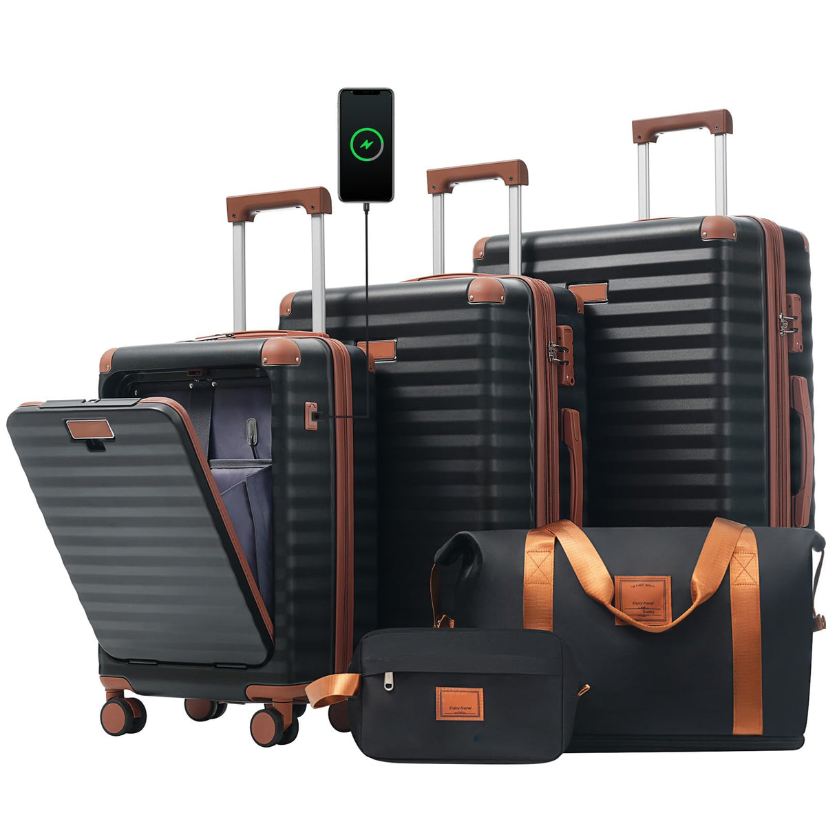 Ningering 5 Piece Luggage Set w/TSA Locks & USB Port, Front Opening Hard Shell Luggage Sets, Expandable Suitcase Set with Wheels and Cup Holder(20"/24"/28") (Black Brown)