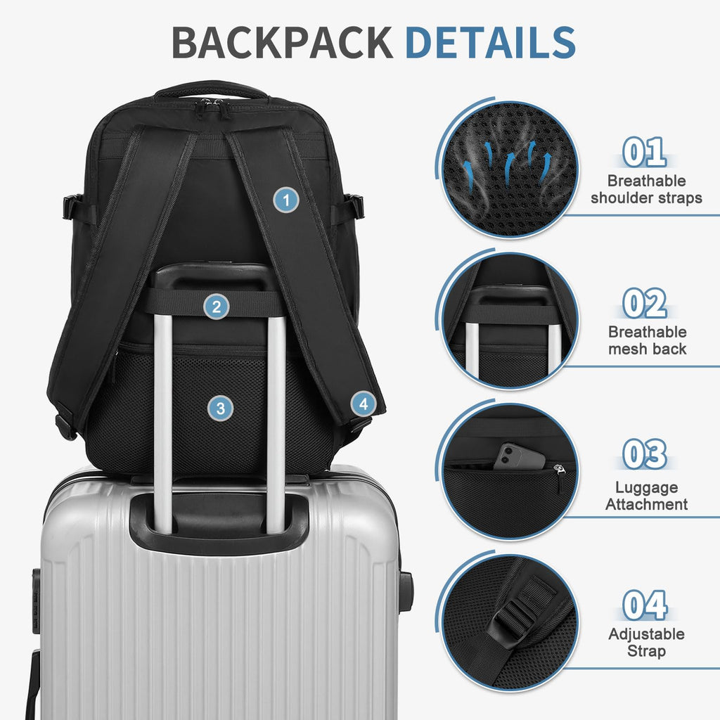 SUIKIHUM Travel Laptop Backpack for Men Women, 35L Carry on Backpack W/Shoe Compartment, Water Resistant Flight Approved Fits 15.6-inch Laptop, Black