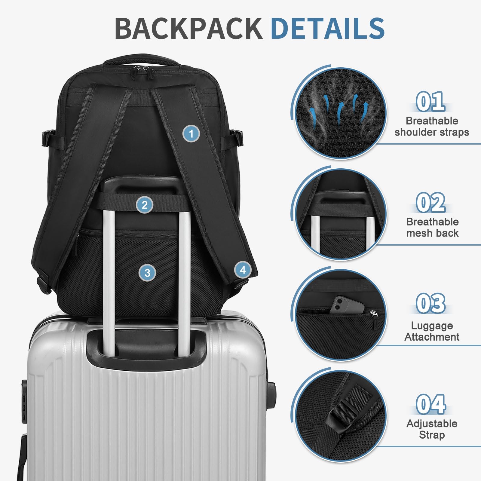 SUIKIHUM Travel Laptop Backpack for Men Women, 35L Carry on Backpack W/Shoe Compartment, Water Resistant Flight Approved Fits 15.6-inch Laptop, Black